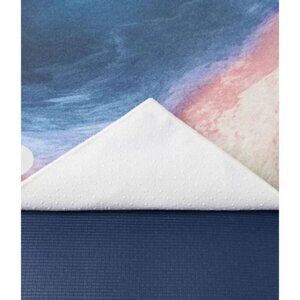 manduka Blue and White Yoga Towel with Pastel Multicolor Pattern